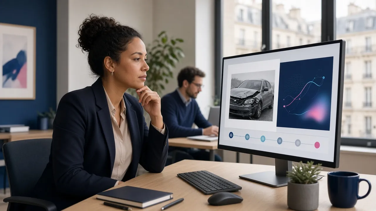 Professionnelle de l’assurance analysant un dossier de sinistre assistée par IA