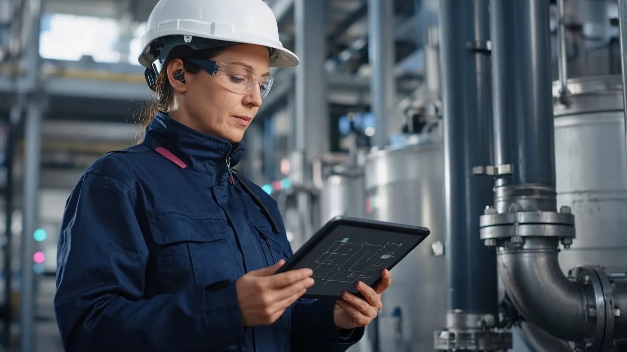Technicienne industrielle consultant un copilote technique sur tablette