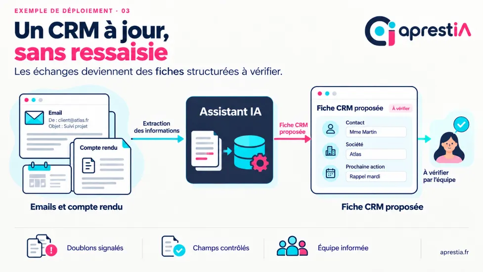 Schéma du processus : un CRM à jour, sans ressaisie.