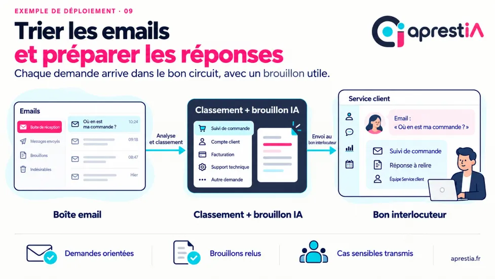 Schéma du processus : trier les emails et préparer les réponses.