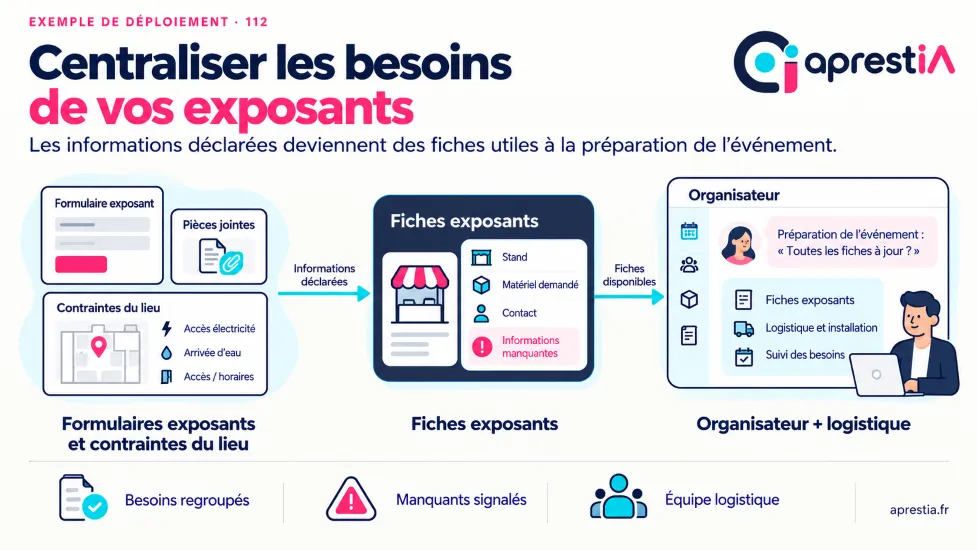 Schéma du processus : centraliser les besoins de vos exposants.