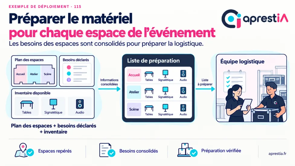 Schéma du processus : préparer le matériel pour chaque espace de l’événement.