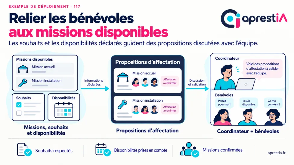Schéma du processus : relier les bénévoles aux missions disponibles.
