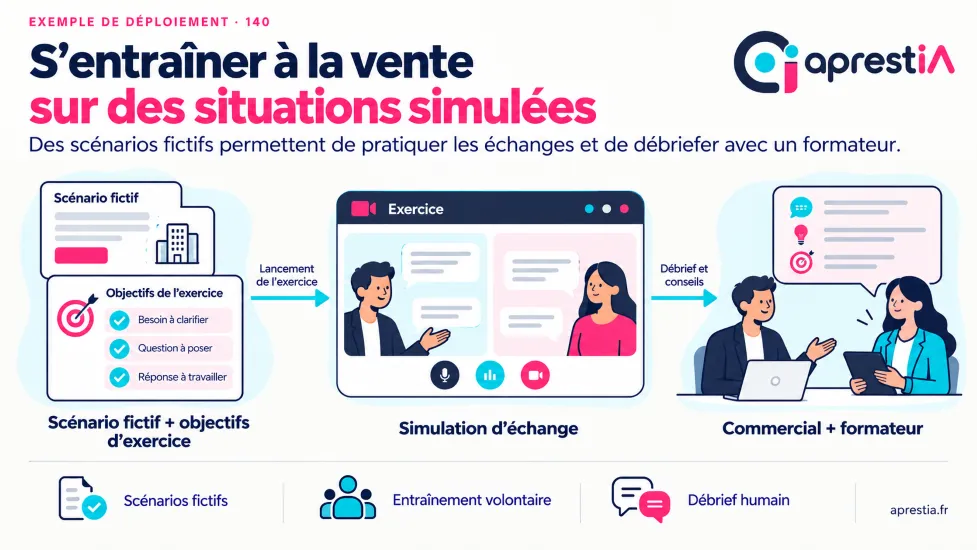 Schéma du processus : s’entraîner à la vente sur des situations simulées.