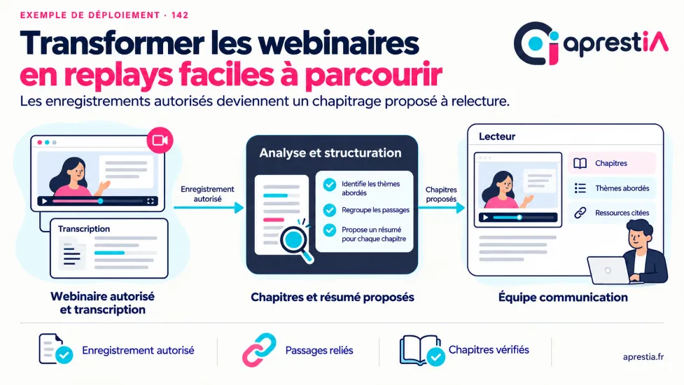 Schéma du processus : transformer les webinaires en replays faciles à parcourir.