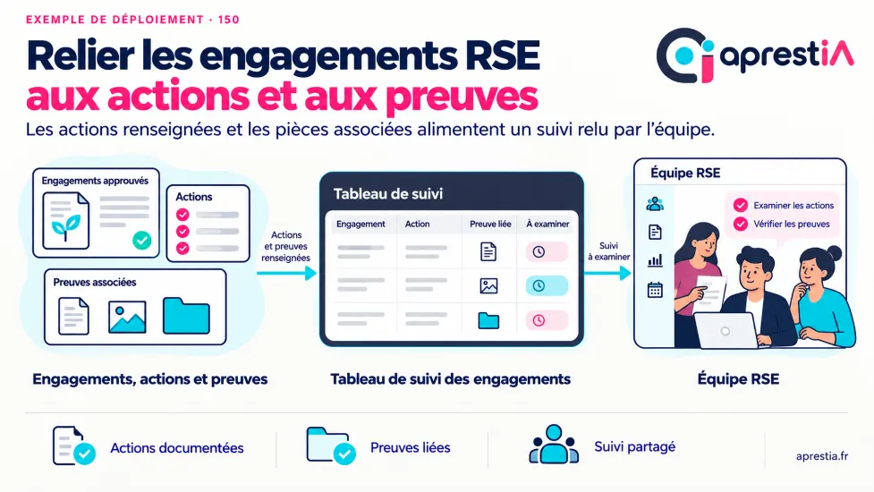 Schéma du processus : relier les engagements RSE aux actions et aux preuves.
