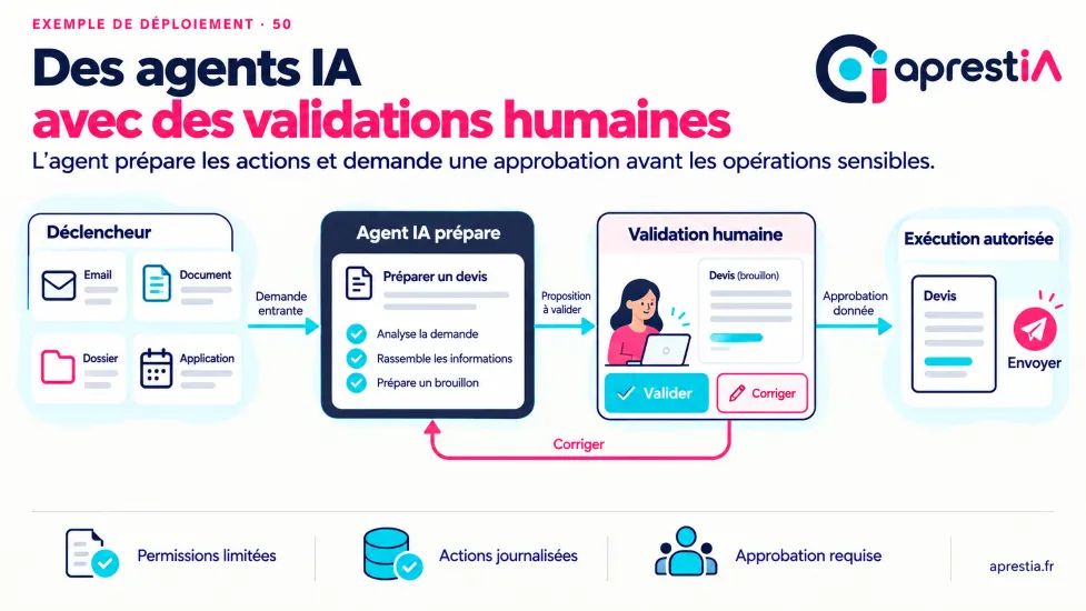 Schéma du processus : des agents IA avec des validations humaines.