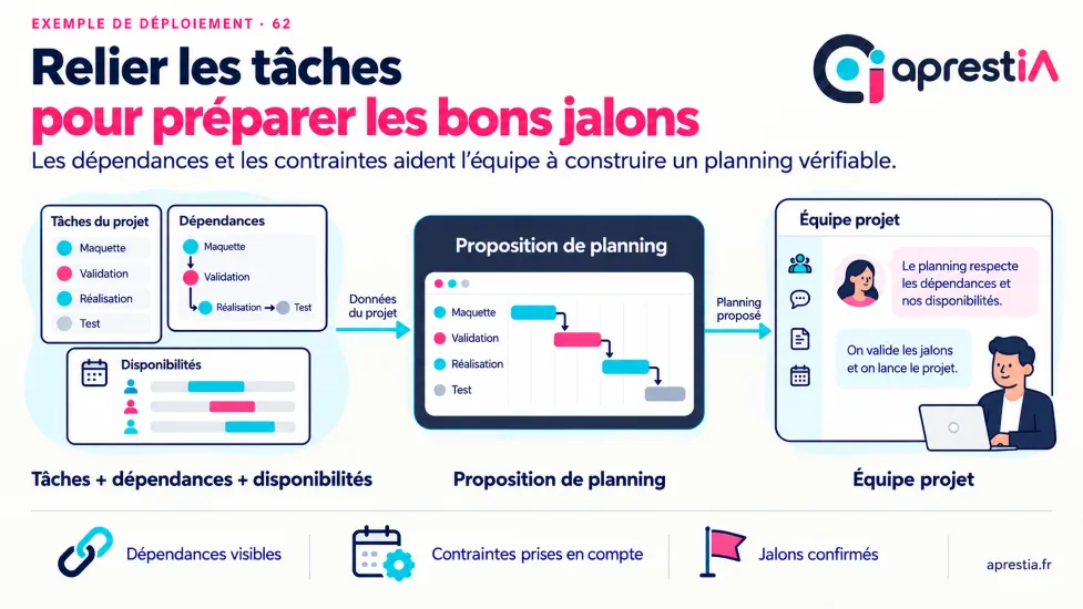 Schéma du processus : relier les tâches pour préparer les bons jalons.