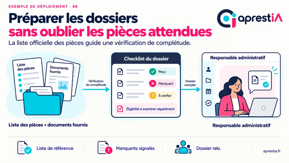 Schéma du processus : préparer les dossiers sans oublier les pièces attendues.
