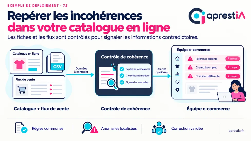 Schéma du processus : repérer les incohérences dans votre catalogue en ligne.